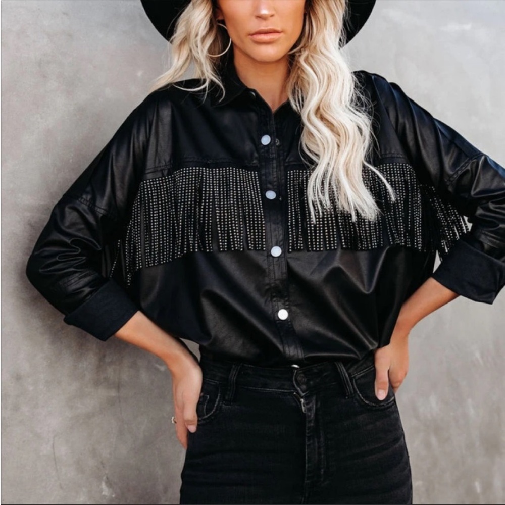 VICI Hendrix Faux Leather Rhinestone Fringe Shacket
